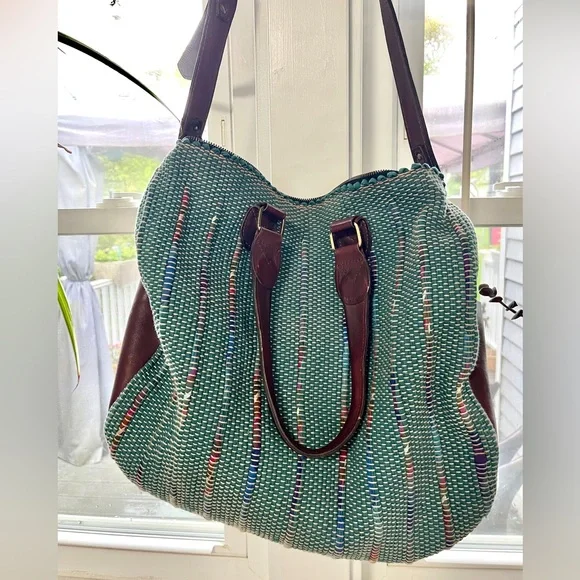 Vintage Hand Woven Leather Weekend Duffle Bag Teal Indie Hippie - Picture 8 of 8